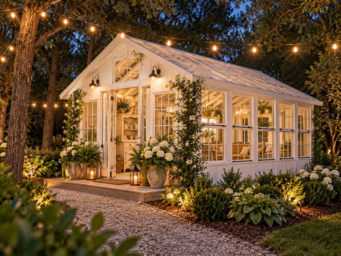 Rendering of the white Eden Grove greenhouse photo studio in Anna, Texas at dusk, with string lights, climbing jasmine, and white hydrangeas along a gravel path