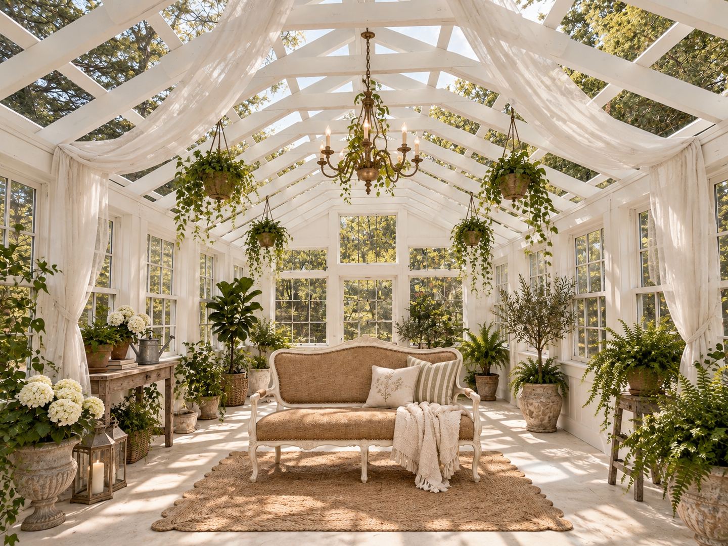 Rendering of the greenhouse interior with a glass roof, brass chandelier, hanging ivy, sheer drapes, and a vintage settee on a jute rug in natural light
